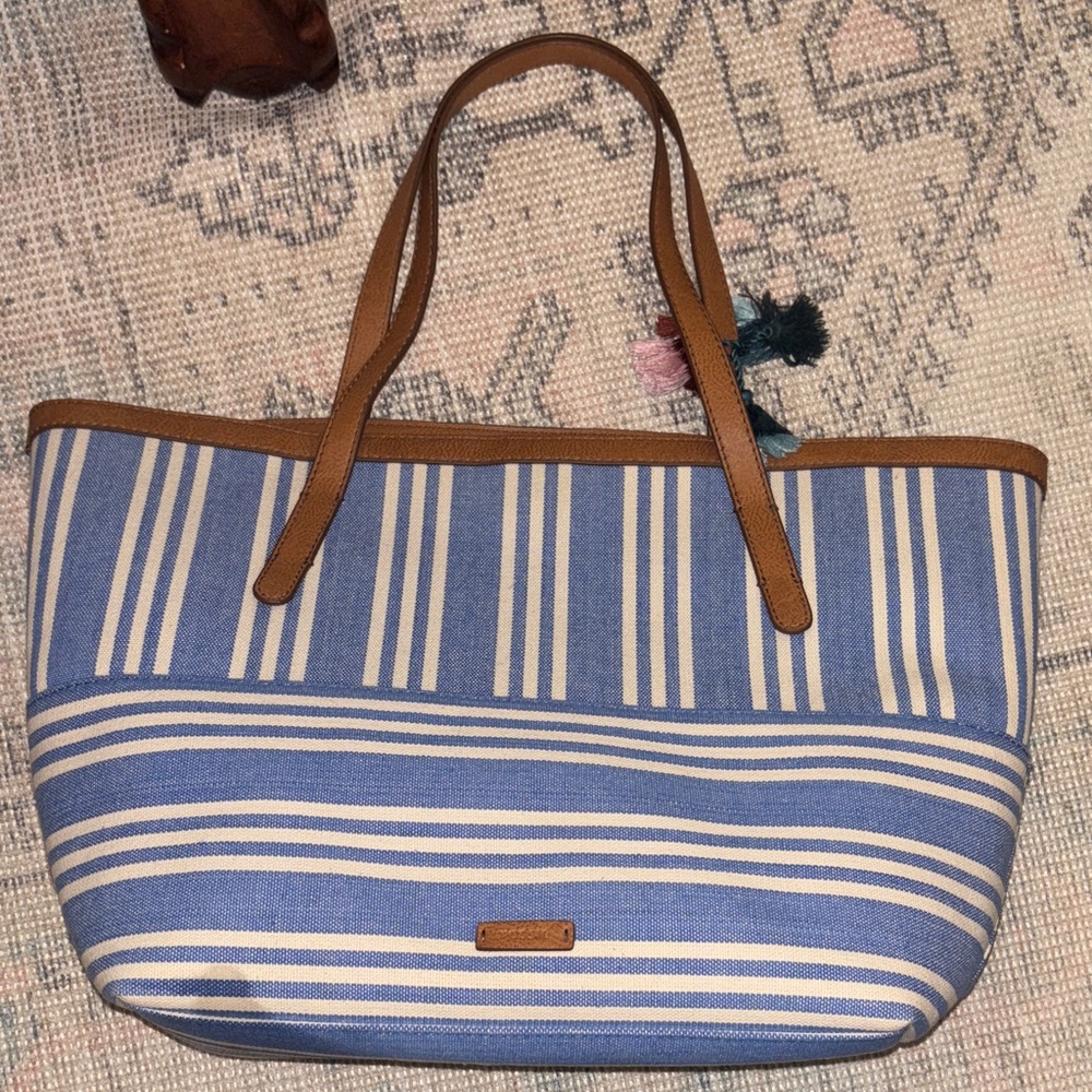 Fossil Blue and White Striped Tote